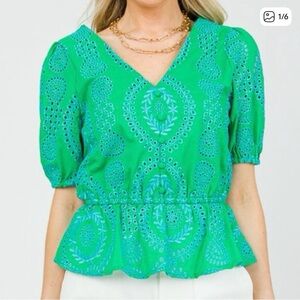 Skies Are Blue Green Eyelet Peplum
